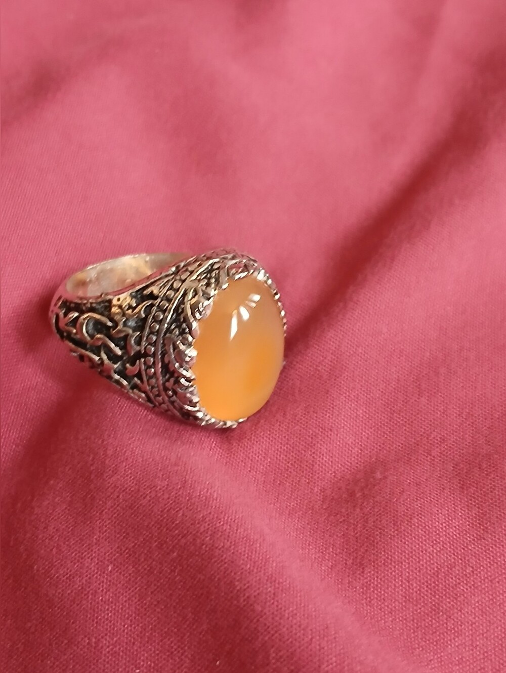 Vintage Sterling Silver Filigree Engraved Ring with Orange Cabochon Gemstone